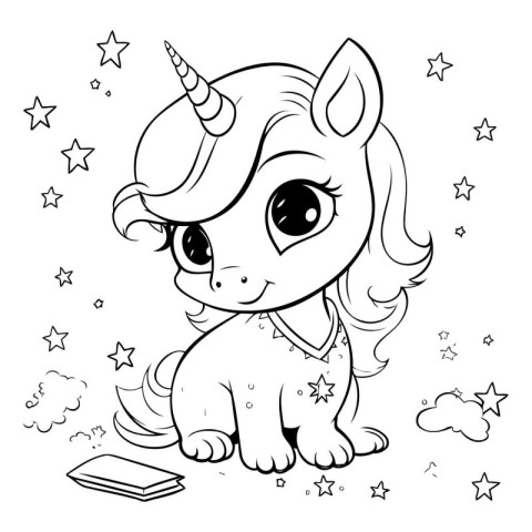 Cute cartoon unicorn. Black and white vector illustration for co