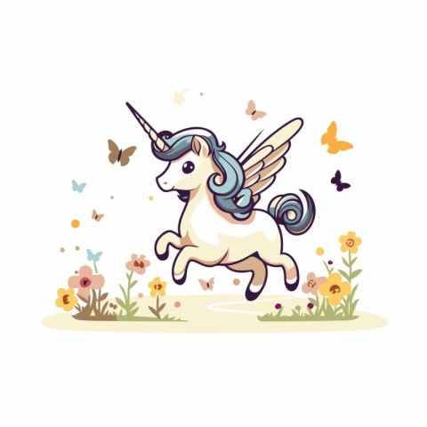 Unicorn with wings and flowers. Cute cartoon vector illustration