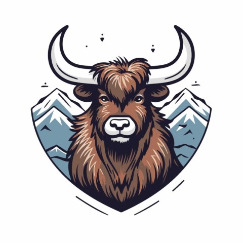 Mascot illustration of a yak head with mountains in the backgrou