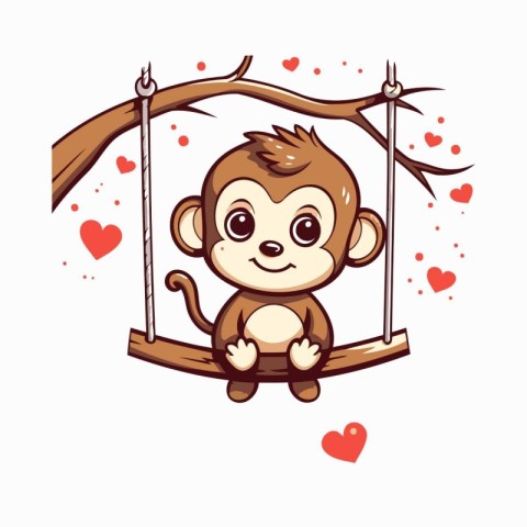 Cute monkey sitting on a swing with hearts. Vector illustration.