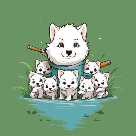 Samoyed dog with group of puppies in the water. Vector illustrat