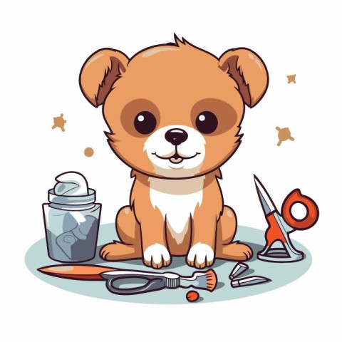 Cute cartoon dog sitting next to a set of tools. Vector illustra