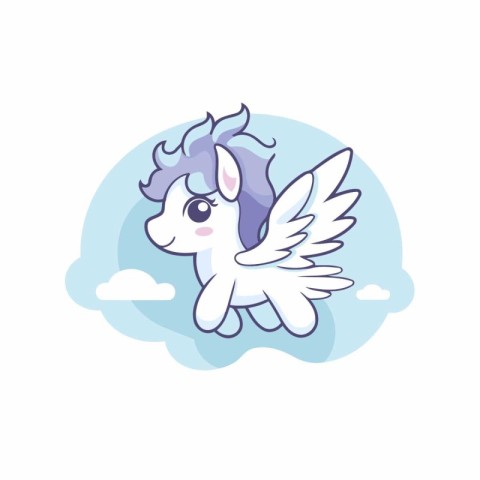 Cute cartoon unicorn with wings flying in the sky. Vector illust