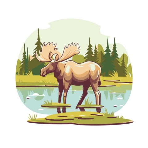 Moose on the river bank. Vector illustration in cartoon style.