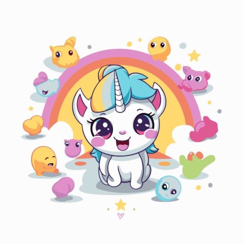 Cute cartoon unicorn with rainbow background. Vector illustratio