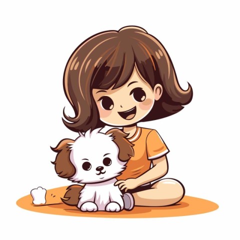 Cute little girl playing with her pet dog. Vector illustration.