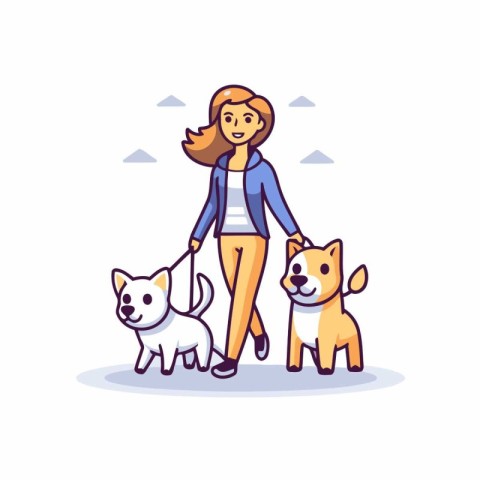 Young woman walking with cute dogs. Vector illustration in flat