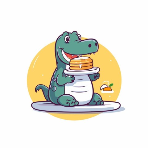 Cute crocodile eating sandwich. Vector illustration in cartoon s