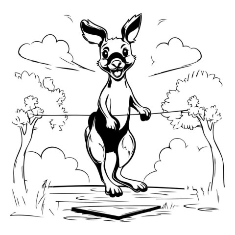 Kangaroo standing on a leash. Vector illustration in black and w