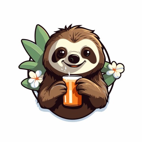 Cute cartoon sloth holding a glass of juice. Vector illustration