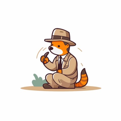 Vector illustration of a red fox in a hat and with a pipe in his