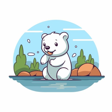 Polar bear in the river. Cute cartoon character. Vector illustra