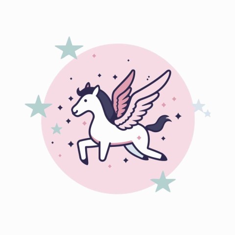 Unicorn with wings and stars. Vector illustration in flat style