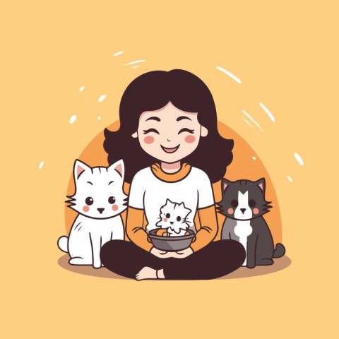 Cute girl with cat and bowl of food. Vector illustration.