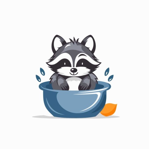 Cute raccoon in a bowl of water. Vector illustration.