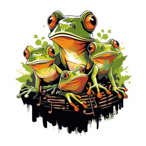 Frogs in the basket. Vector illustration on white background.