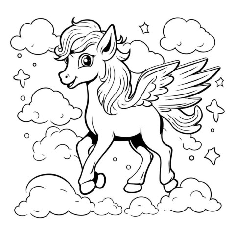 Black and White Cartoon Illustration of Fantasy Horse with Wings