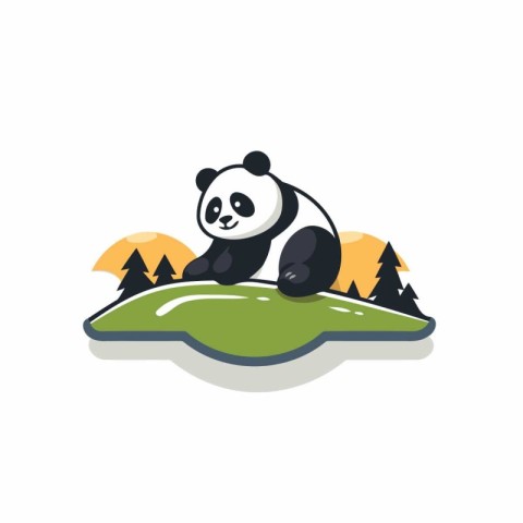 Cute panda sitting on the grass in the forest. Vector illustrati