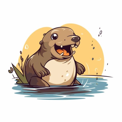 Cute cartoon otter sitting in the water. Vector illustration.