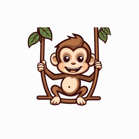 Cute monkey sitting on a swing isolated on white background. Vec