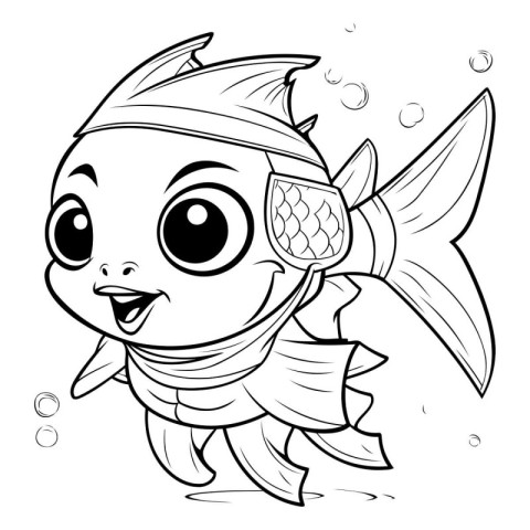 Black and White Cartoon Illustration of Cute Fish Character for