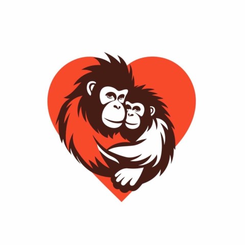 Monkey and heart vector logo design template. Symbol of love and