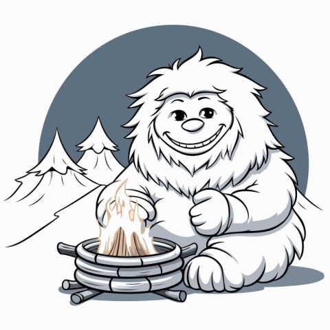 Illustration of a Snowy Lion with a Bonfire in the Background