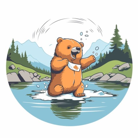 Cartoon bear on the bank of a mountain river. Vector illustratio