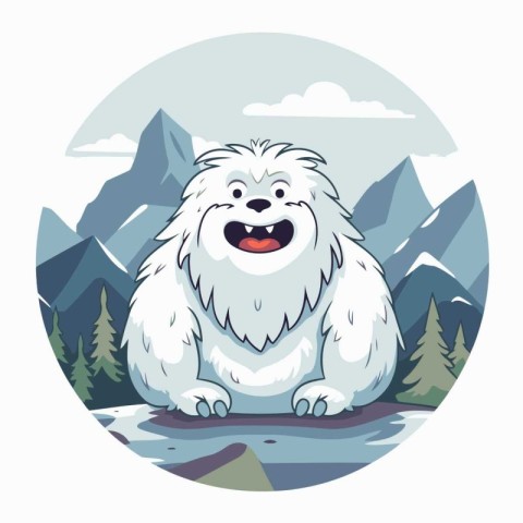 Cute dog sitting on the rock in the mountains. Vector illustrati