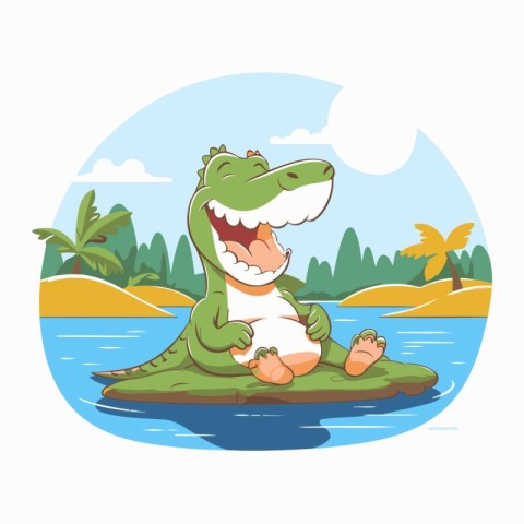 Cute crocodile sitting on the island. Cartoon vector illustratio