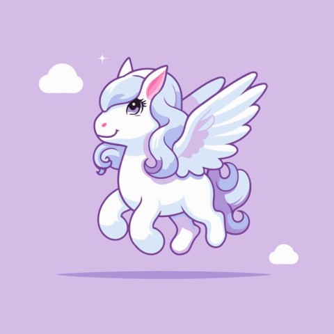 Cute cartoon unicorn with wings flying in the sky. Vector illust