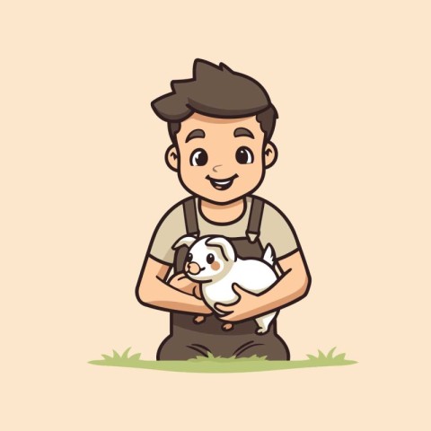 Vector illustration of a farmer holding a cute white guinea pig.