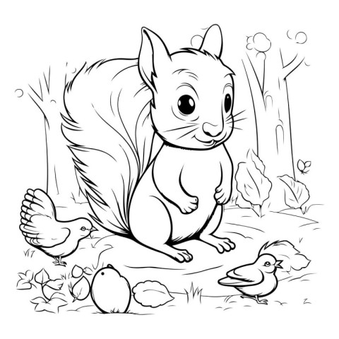 Squirrel in the park. Vector illustration. Coloring page.