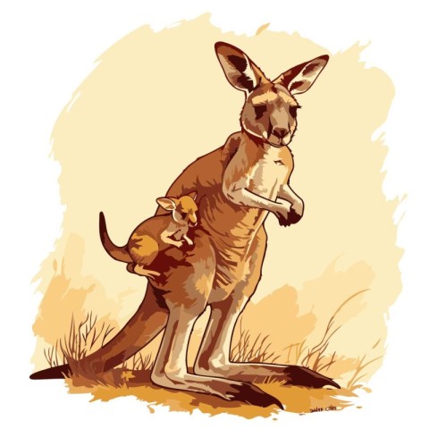 Kangaroo with her joey in the pouch. Vector illustration