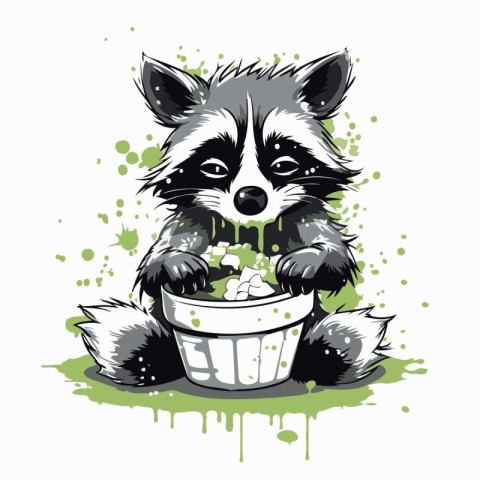 Cute raccoon with a bucket of water. Vector illustration.