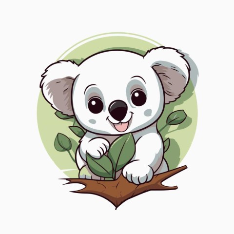 Cute koala cartoon on tree branch with leaves. Vector illustrati