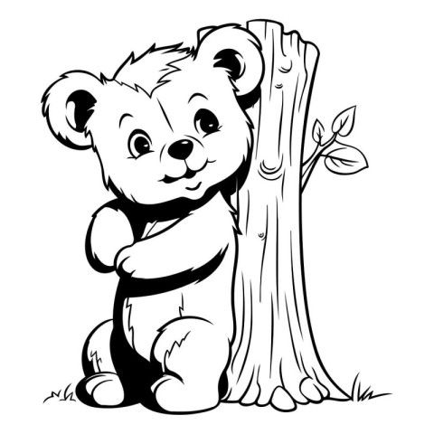 Black and White Cartoon Illustration of Cute Teddy Bear with Tre