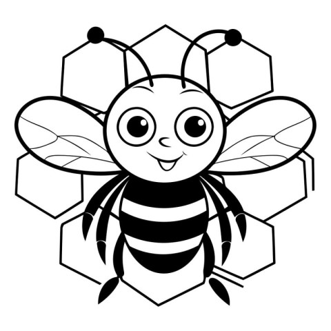 Cute bee and honeycombs. black and white vector illustration