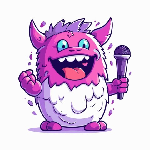 Funny cartoon monster singing karaoke with microphone. Vector il