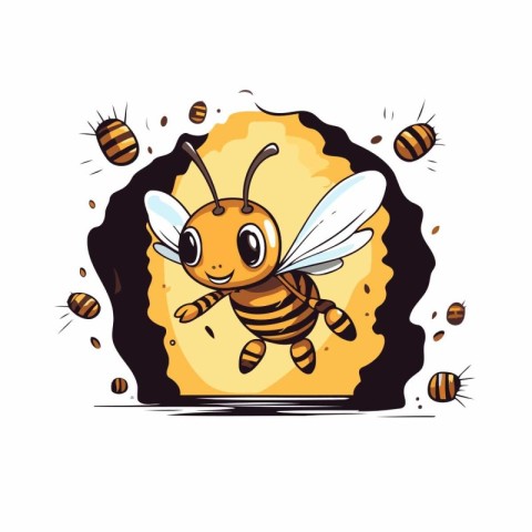 Cute cartoon bee flying around the honeycombs. Vector illustrati