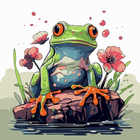 Frog sitting on a rock with flowers. Vector cartoon illustration