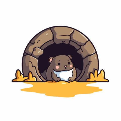 Cute cartoon otter in a stone tunnel. Vector illustration.