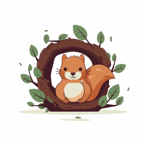 Cute squirrel sitting in a wreath of leaves. Vector illustration