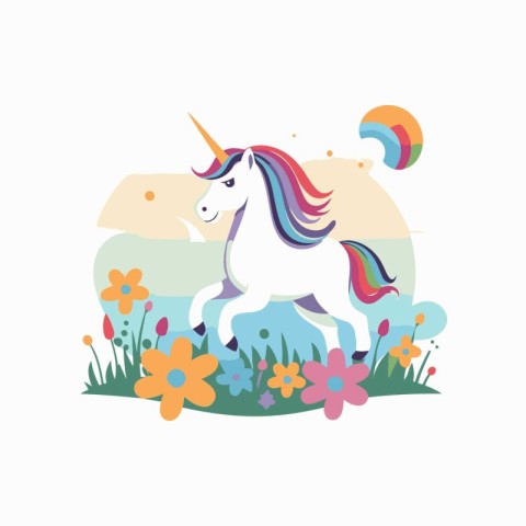 Unicorn in the meadow with flowers. Vector illustration in flat