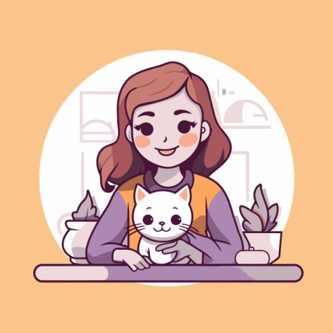 Cute girl with a cat. Vector illustration in cartoon style.