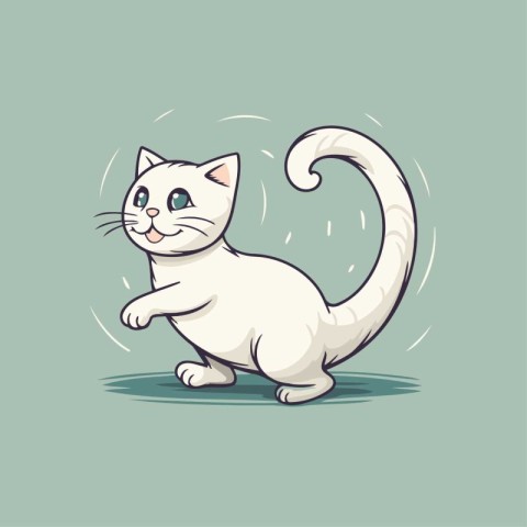 Cute cartoon white cat on green background. Vector Illustration.