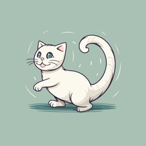 Cute cartoon white cat on green background. Vector Illustration.