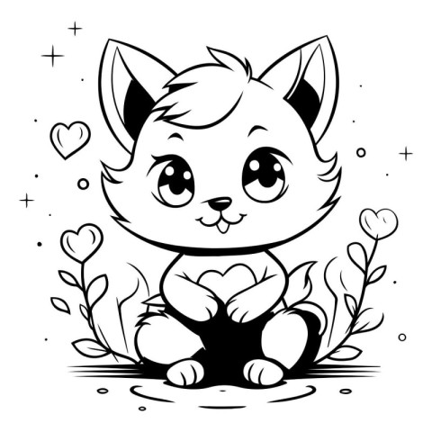 Black and White Cartoon Illustration of Cute Little Fox Animal C