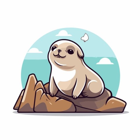 Cute seal sitting on a rock. Vector illustration in cartoon styl