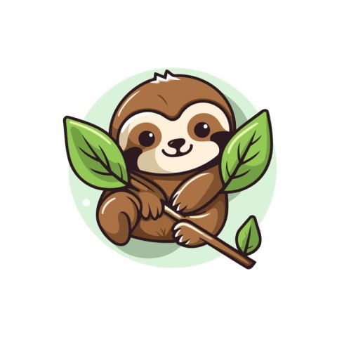 Cute cartoon sloth with green leaves. Vector clip art.